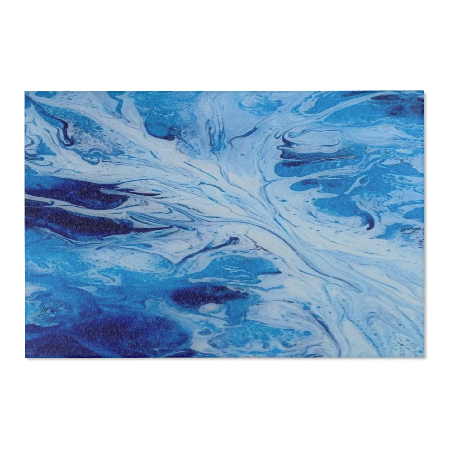 Blue and white marbled rug on a white background