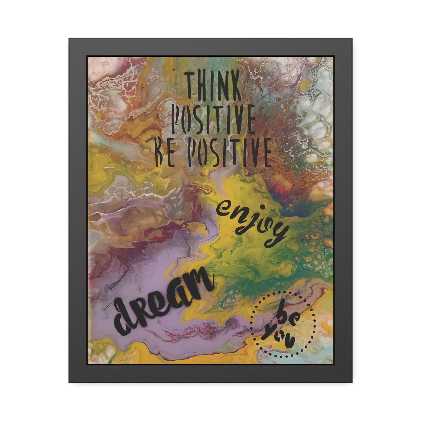Framed abstract artwork with motivational text on a white background