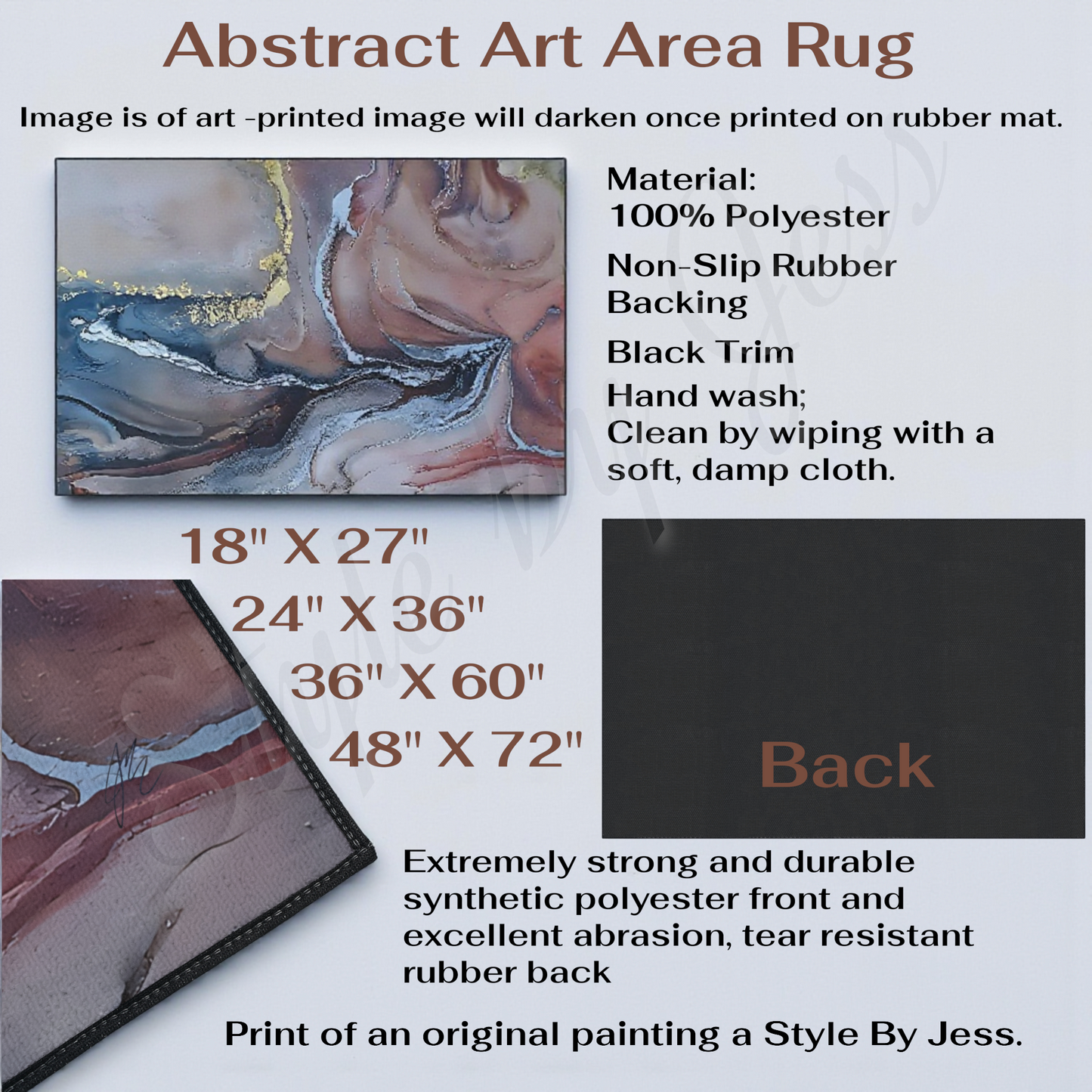 Abstract art area rug with dimensions and material details on a white background