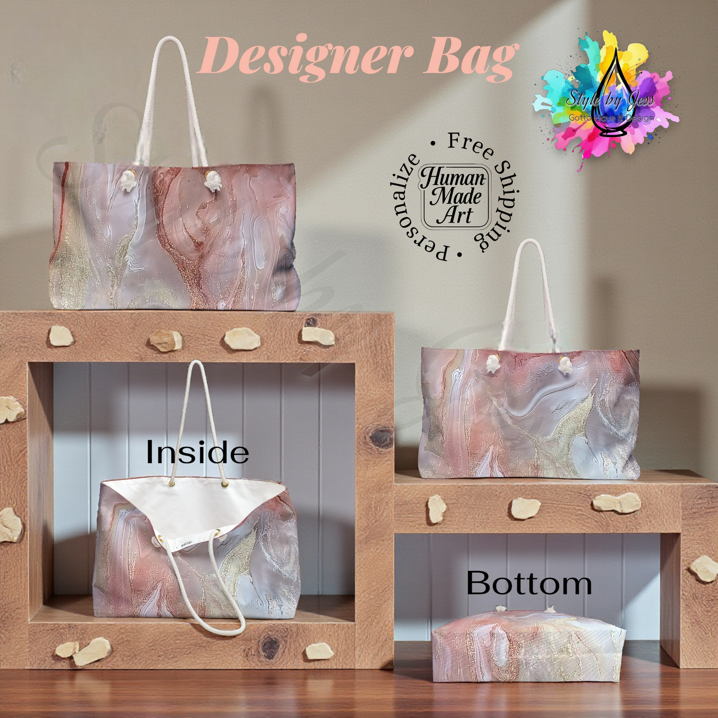 Marble-patterned handbag displayed in a wooden box with text overlay.