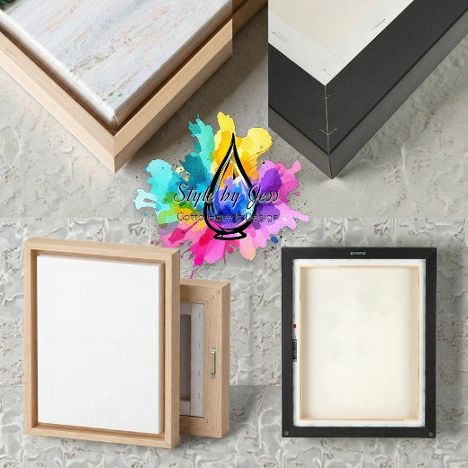 Various picture frames on a textured surface with a colorful logo in the center.