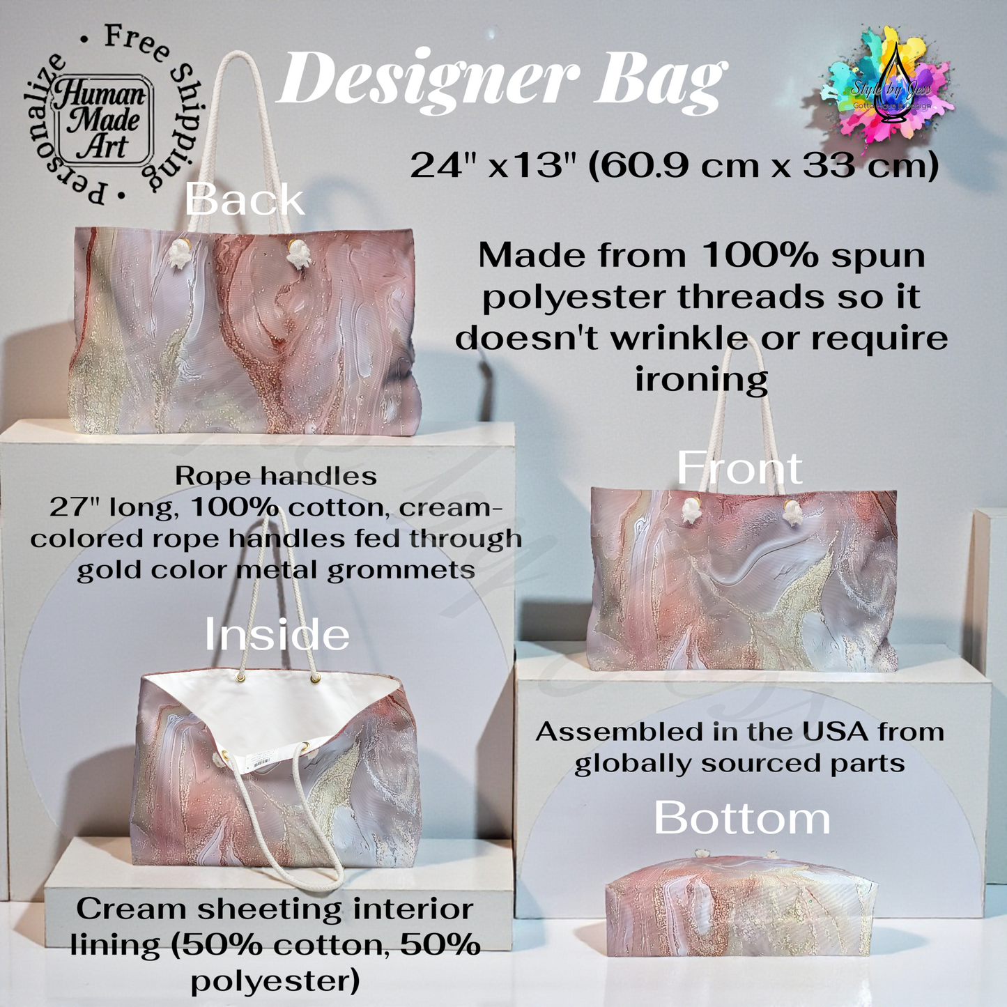 Designer Tote Bag Personalized | Abstract Art Beach Bag Wedding Diaper Shopping Bag | Custom Name Initials | Style By Jess