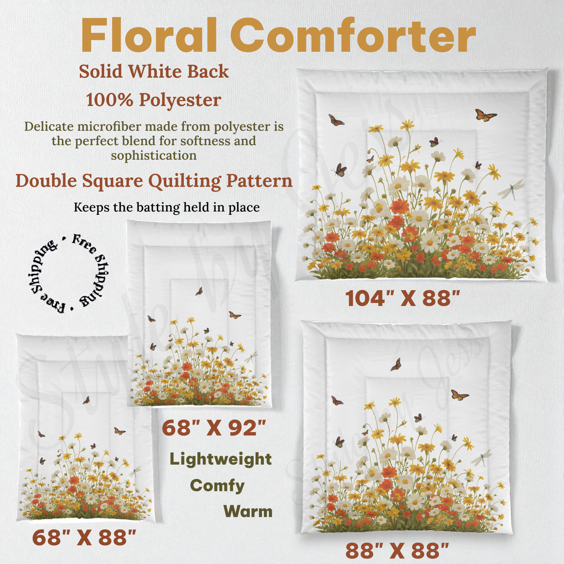 Floral comforter with dimensions and material details on a white background a Style By Jess