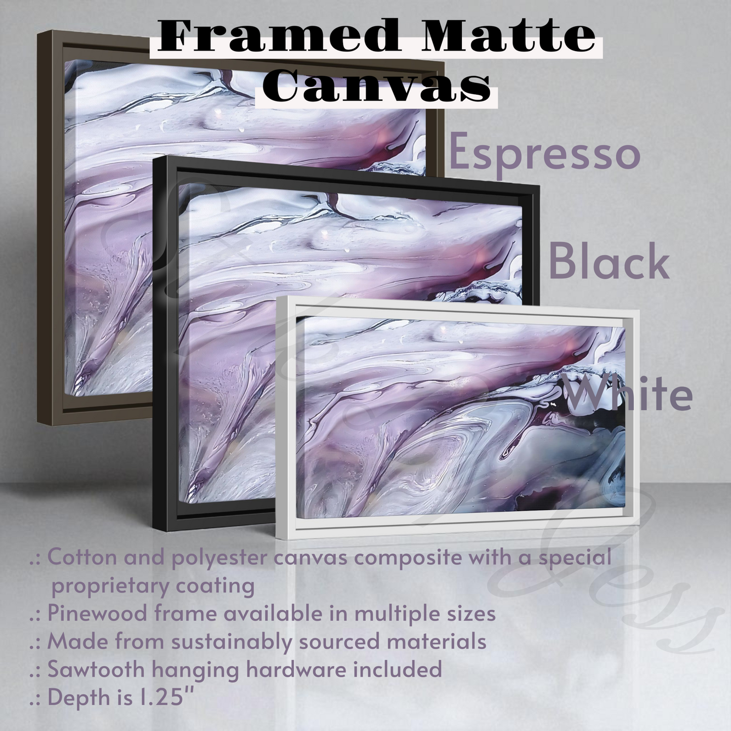 Framed matte canvas art in various colors with text describing features.