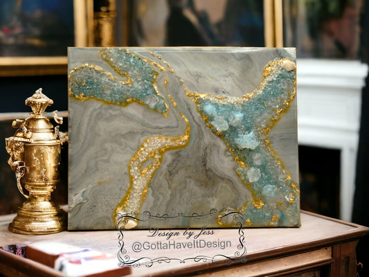 Handmade Geode Wall Art with Gold Leaf & Resin - 11x14 Abstract Canvas Painting