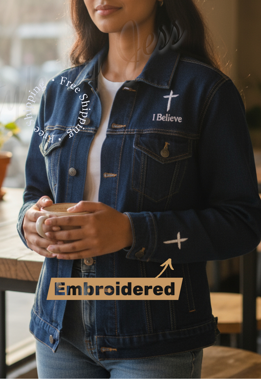 Person wearing a denim jacket with embroidered text and designs, holding a cup.