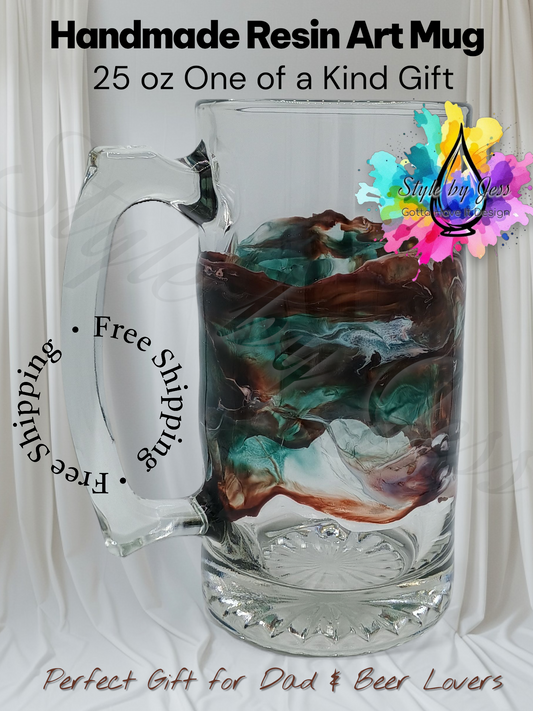 Handmade resin art mug with colorful design on a white background free shipping and 25 ounce gift idea for dad and beer lovers. A Style by Jess at Gotta Have It Design