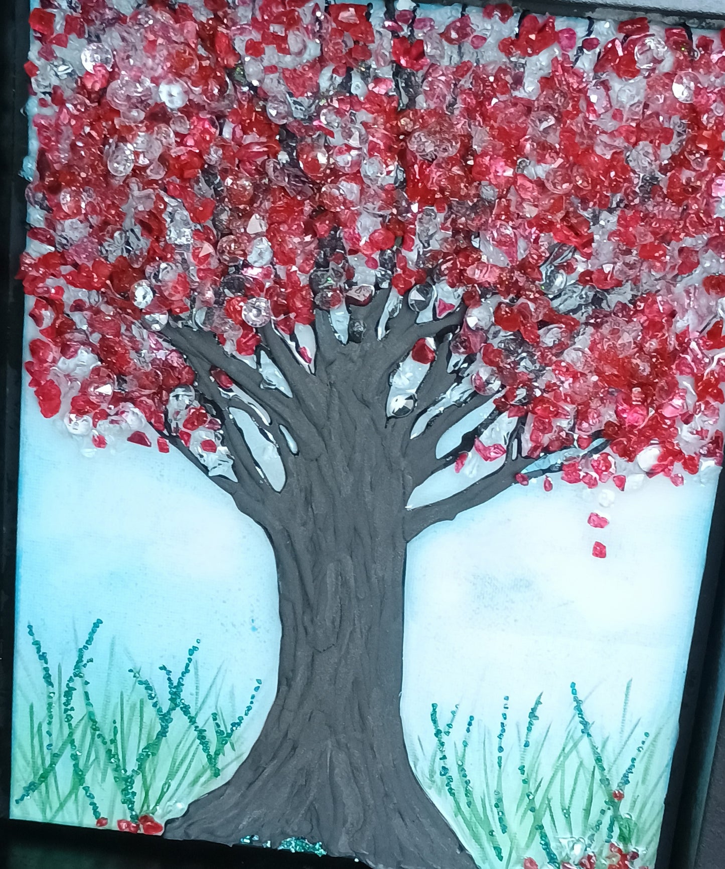 Handmade Wall Art | Mixed Media Framed Art | Red Tree Crystal & Resin Original Art Gift