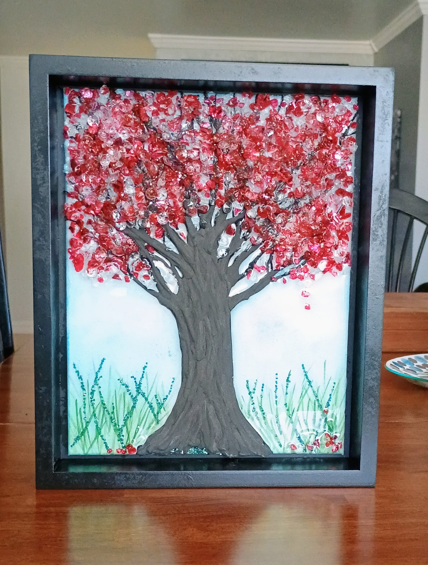 Handmade Wall Art | Mixed Media Framed Art | Red Tree Crystal & Resin Original Art Gift
