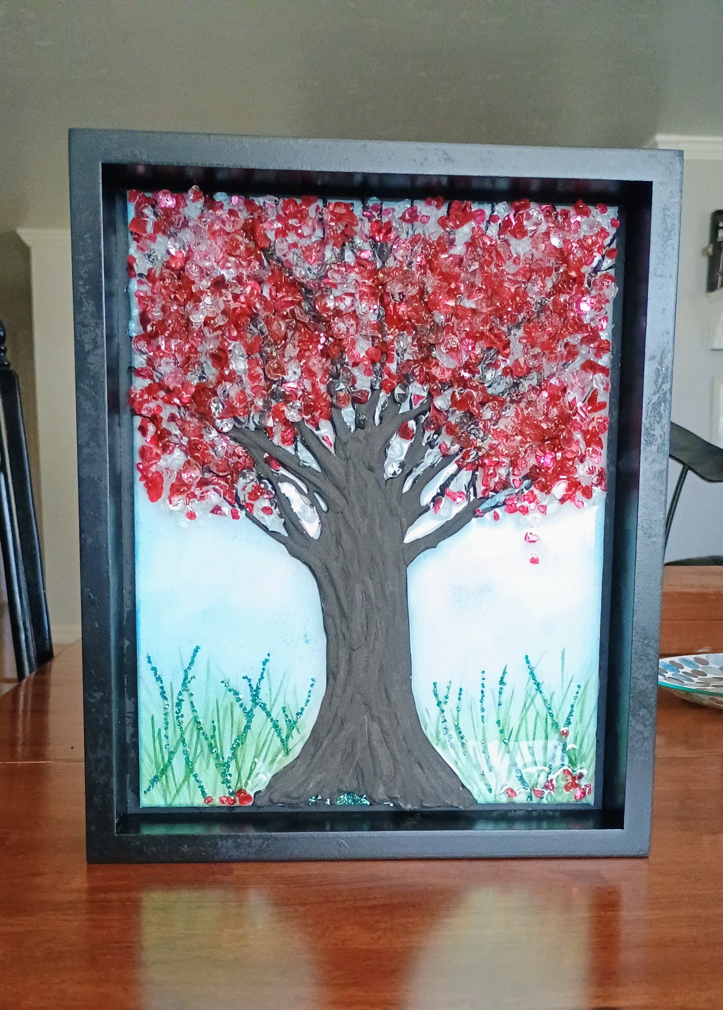 Handmade Wall Art | Mixed Media Framed Art | Red Tree Crystal & Resin Original Art Gift