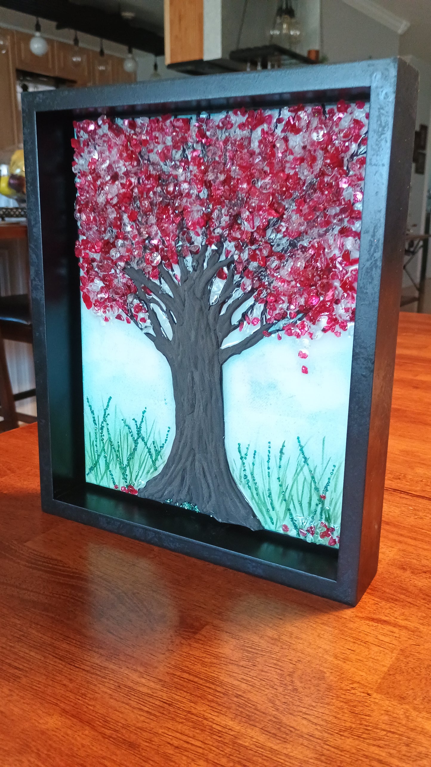 Handmade Wall Art | Mixed Media Framed Art | Red Tree Crystal & Resin Original Art Gift