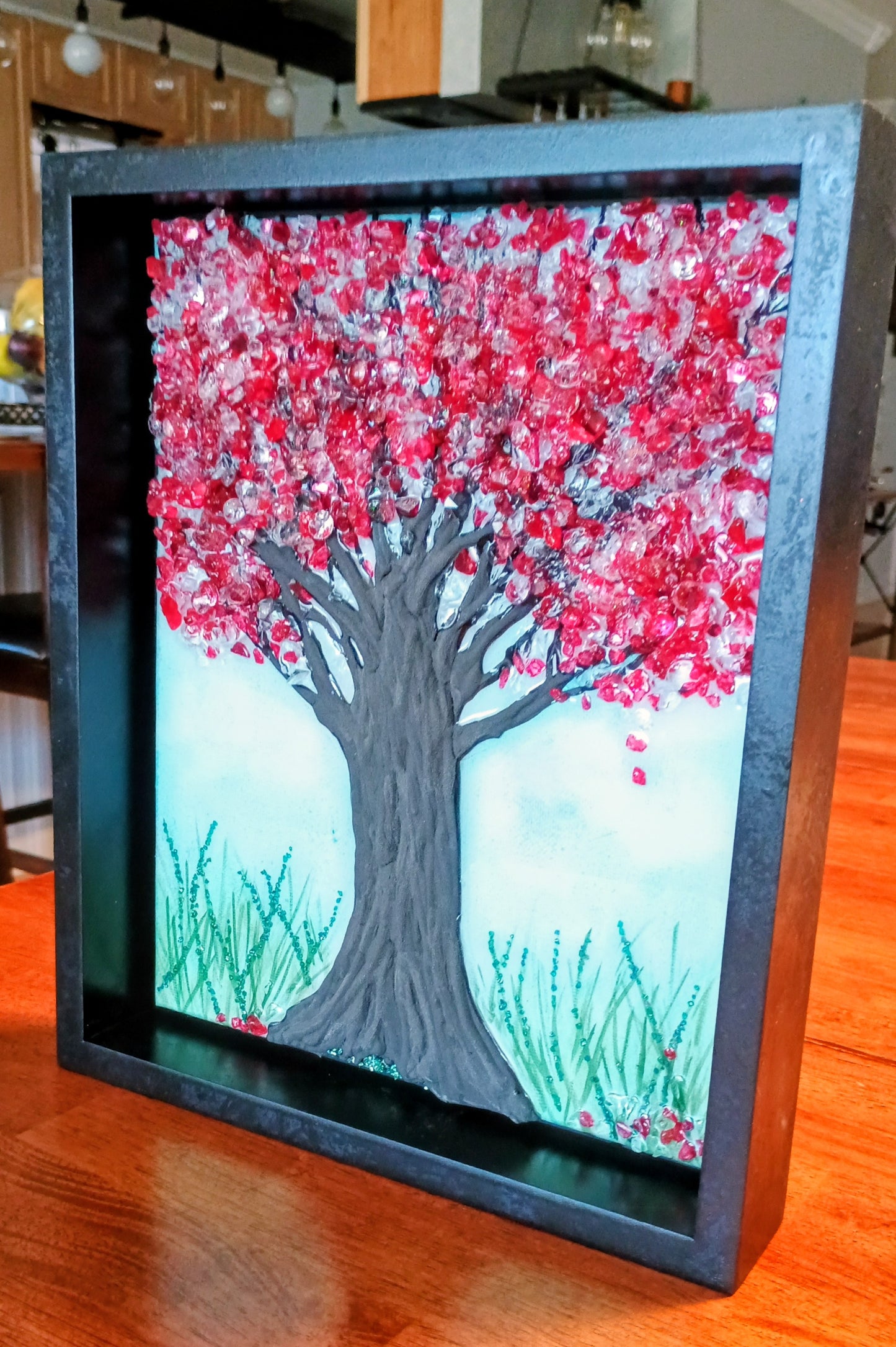 Handmade Wall Art | Mixed Media Framed Art | Red Tree Crystal & Resin Original Art Gift