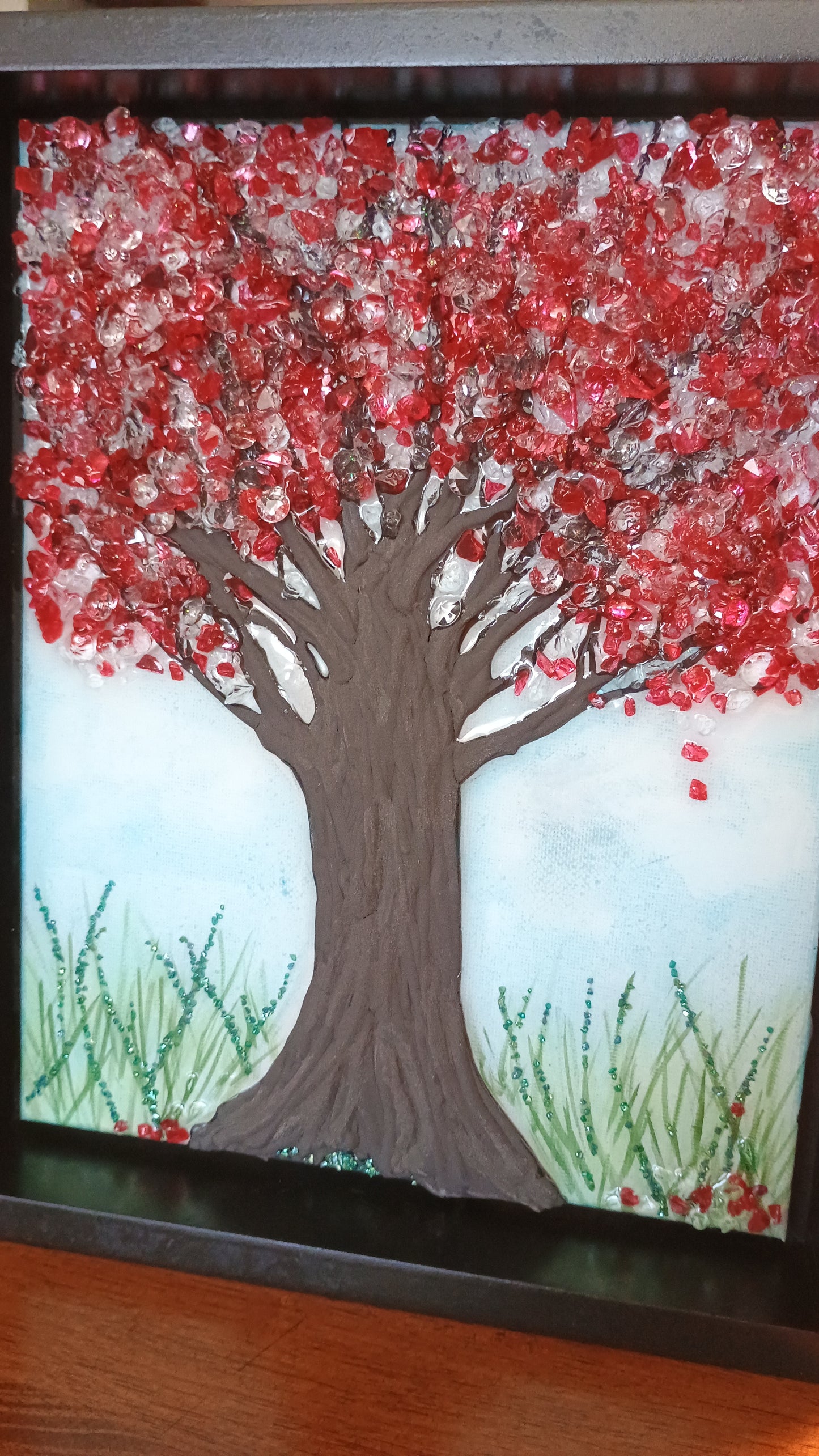 Handmade Wall Art | Mixed Media Framed Art | Red Tree Crystal & Resin Original Art Gift