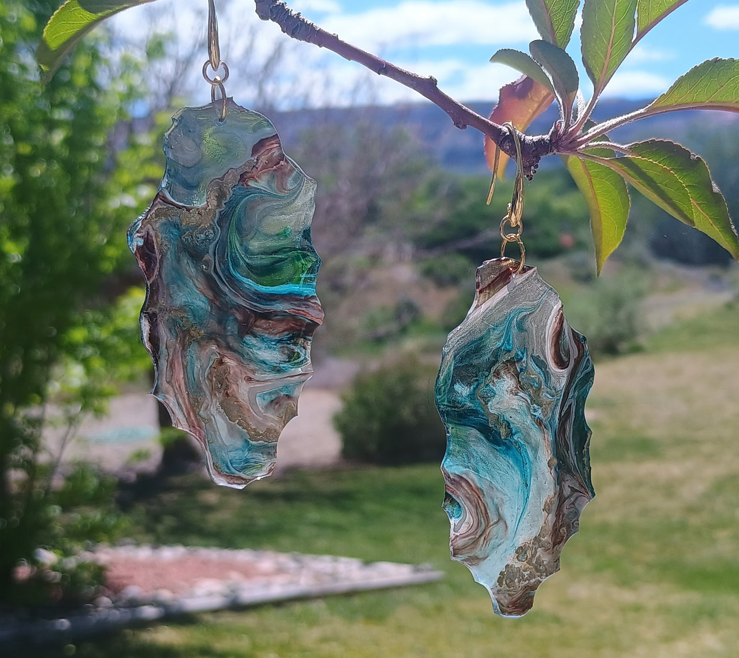 Dangle Earrings Handmade Teal Resin Art | 18K Gold Plated | Gift for Her