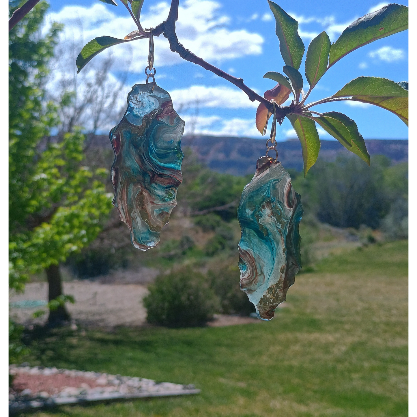 Dangle Earrings Handmade Teal Resin Art | 18K Gold Plated | Gift for Her