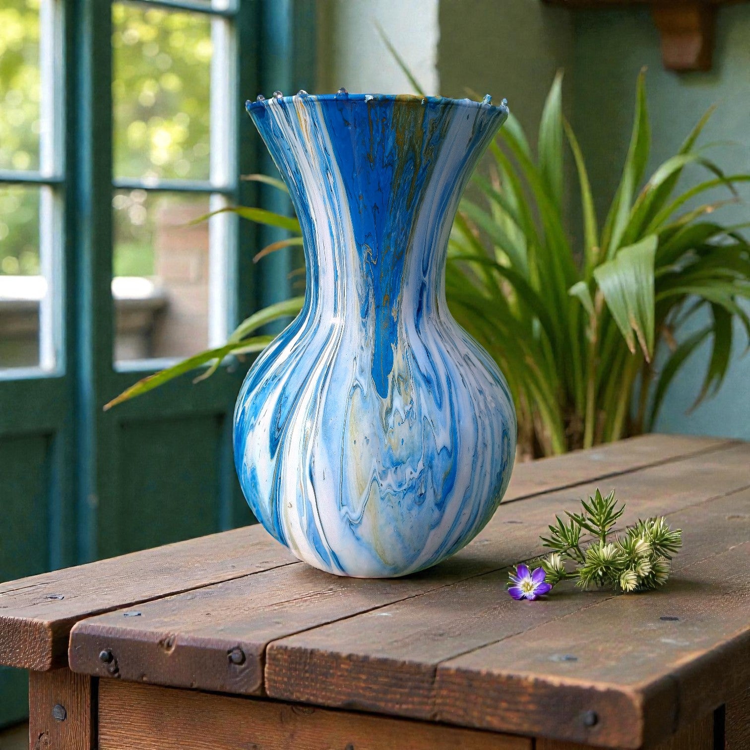 Blue and white vase on a wooden table with plants in the background