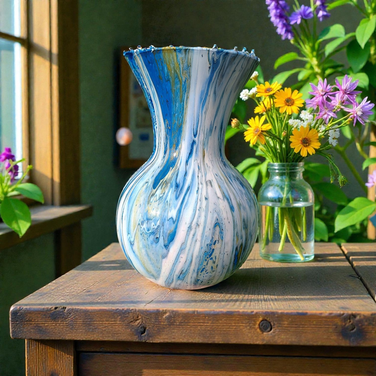 Blue and white marbled vase on a wooden surface with flowers in the background