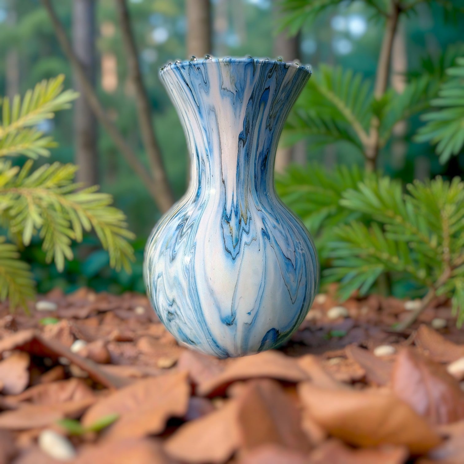 Marbled blue and white vase on a natural background with greenery and fallen leaves.