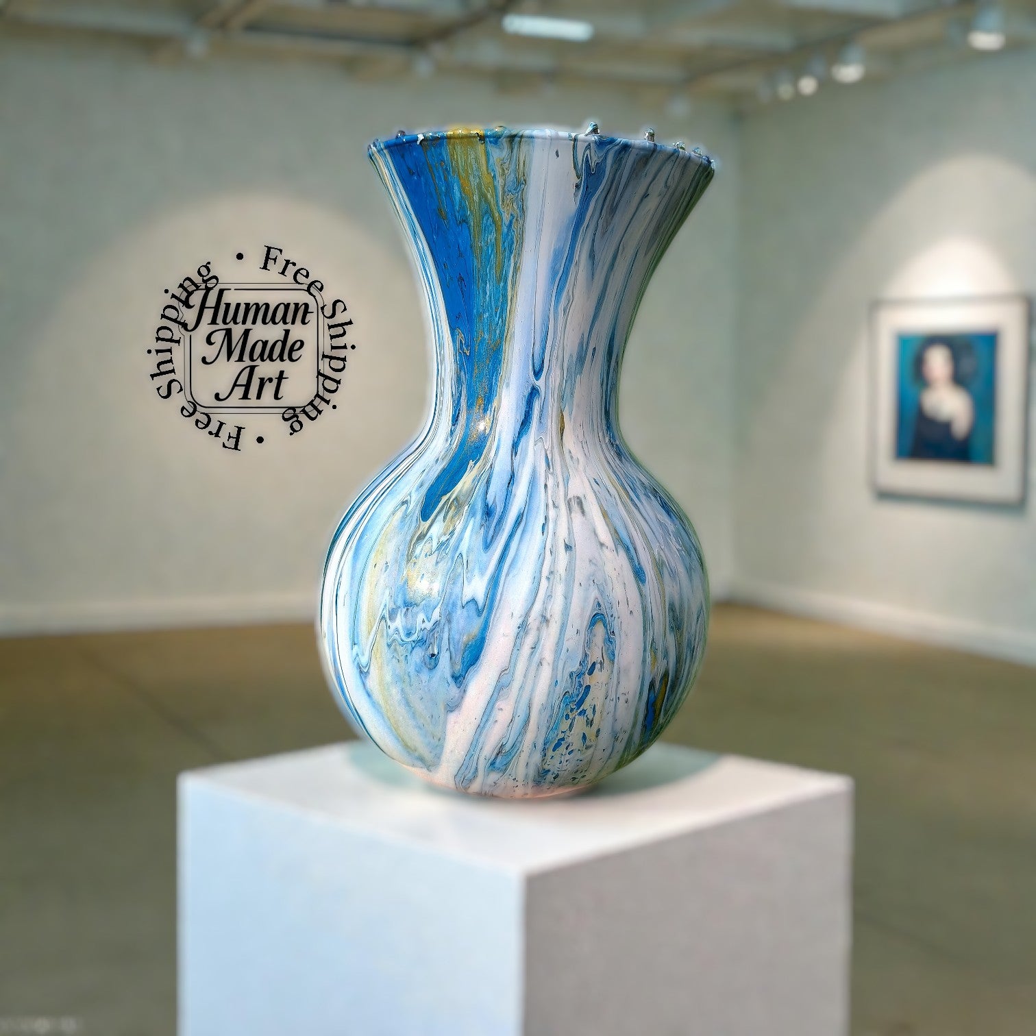 Blue and white marbled vase on a pedestal in an art gallery setting.