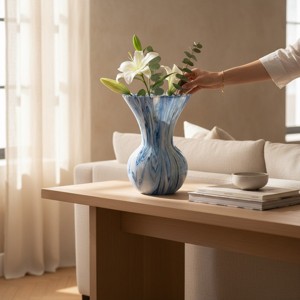 Person arranging flowers in a blue and white marbled vase on a wooden table in a living room.