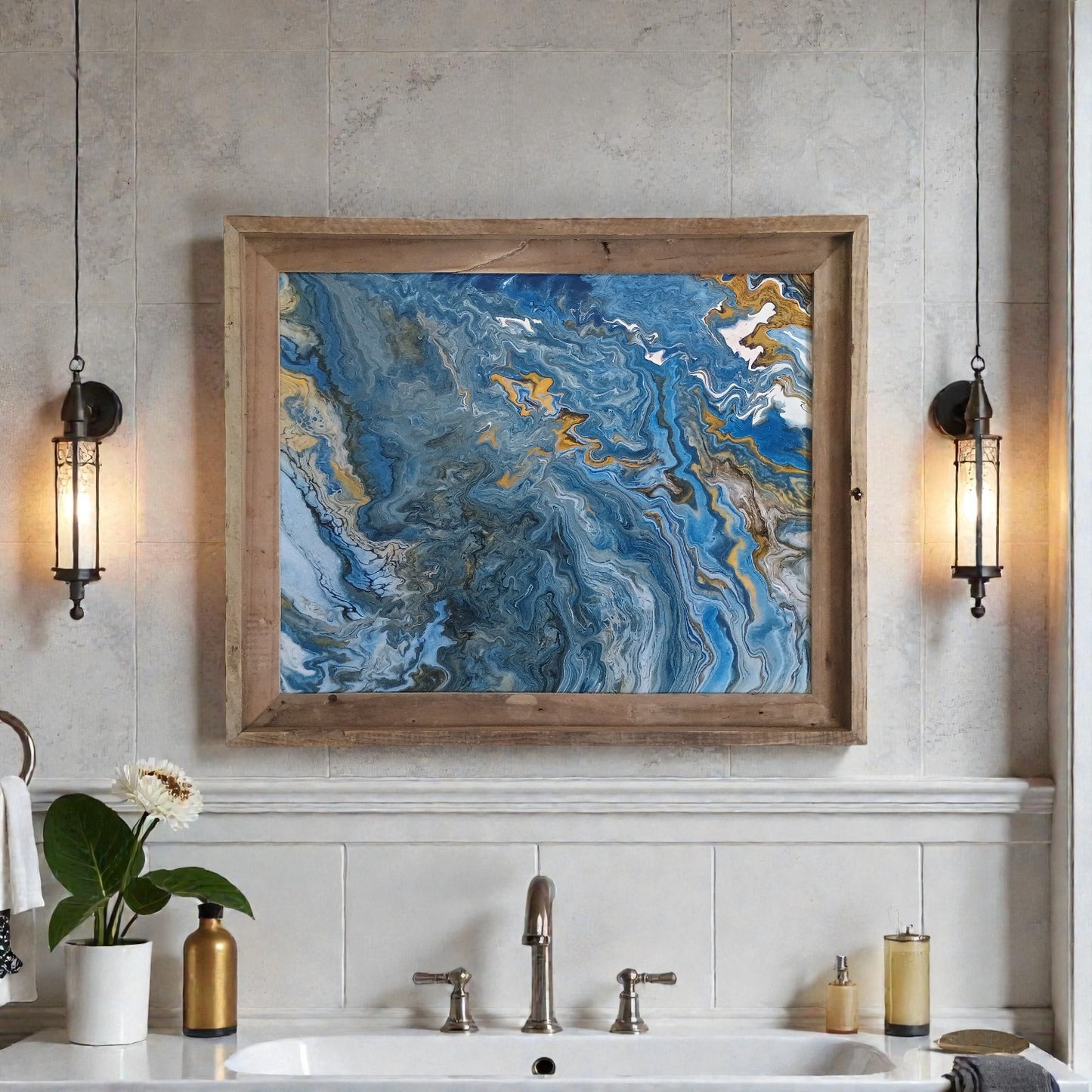 Bathroom with a sink, abstract painting on the wall, and decorative elements.