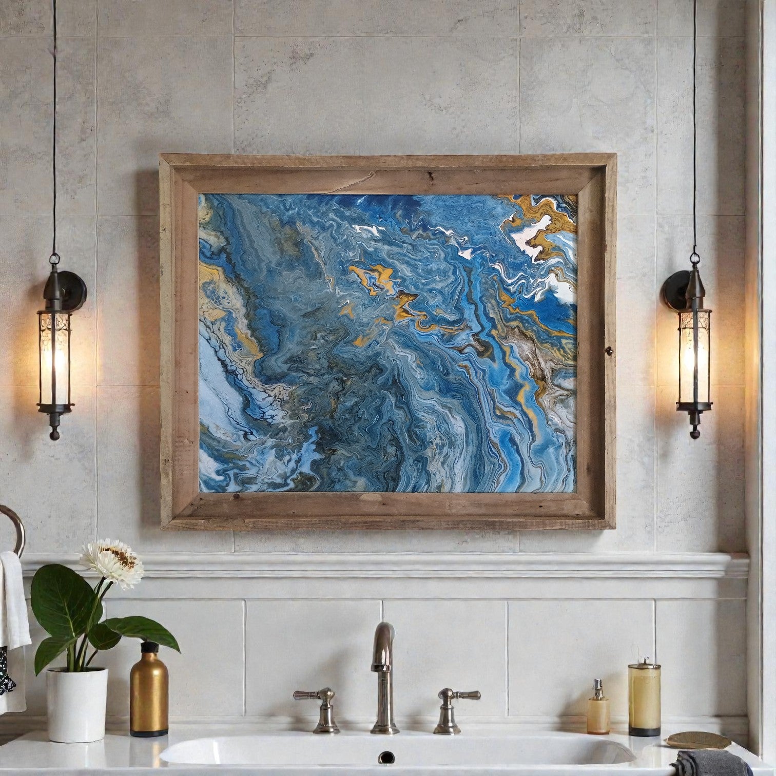 Bathroom with a sink, abstract painting on the wall, and decorative elements.