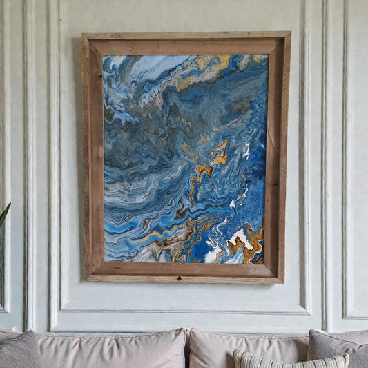 Original blue and ochre acrylic abstract painting in rustic wood frame — handmade wall art by Style By Jess"