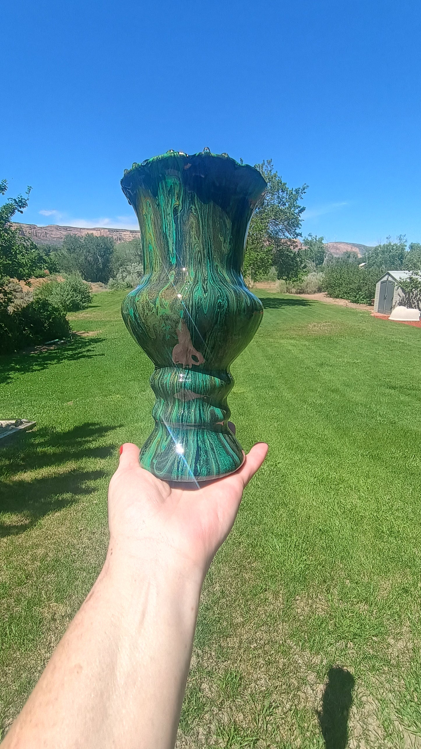 Fluid Art Glass Vase | Teal Green & Gold | Handmade Signed Original | 8" Decorative Vase | Style By Jess