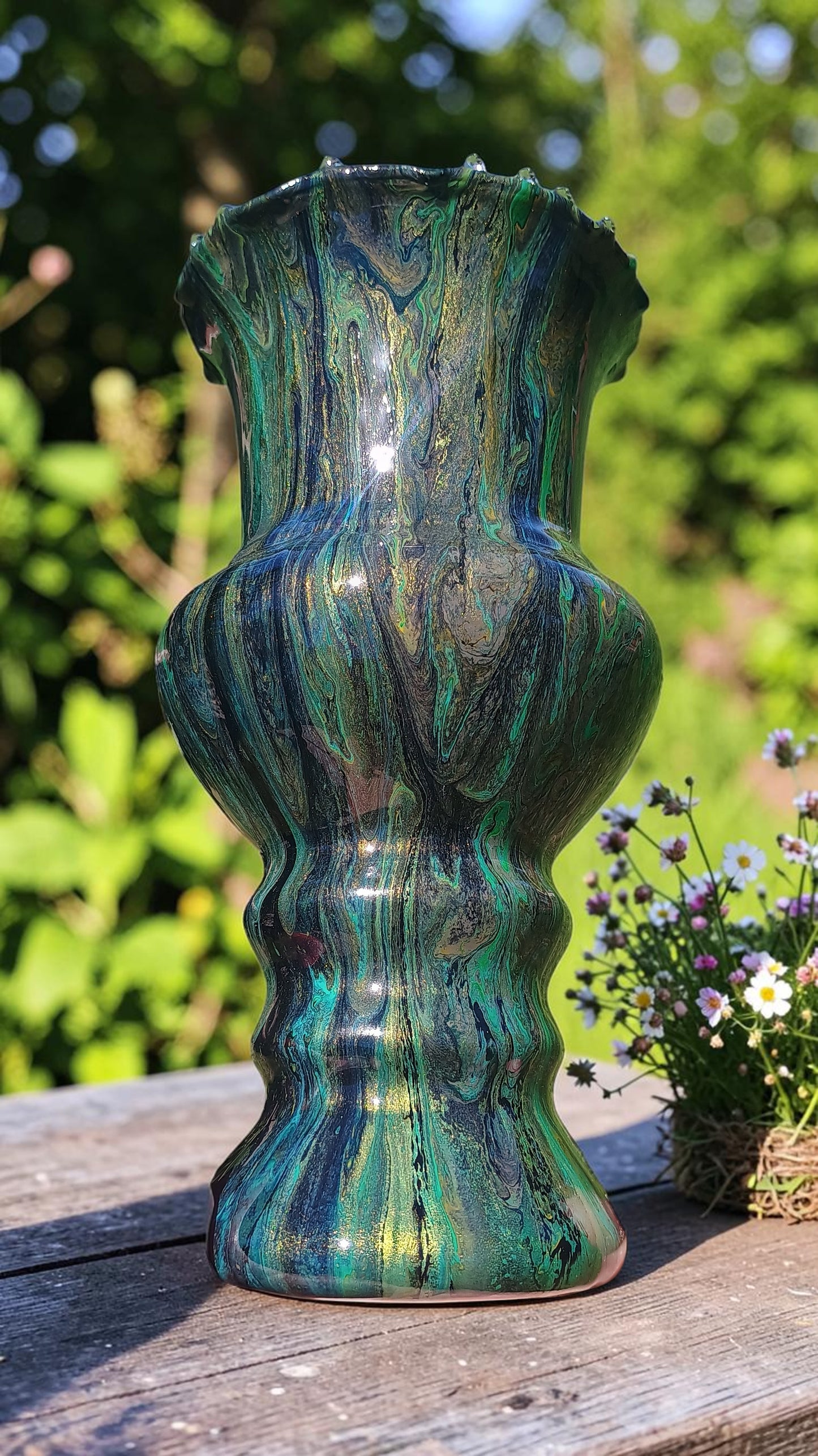 Fluid Art Glass Vase | Teal Green & Gold | Handmade Signed Original | 8" Decorative Vase | Style By Jess