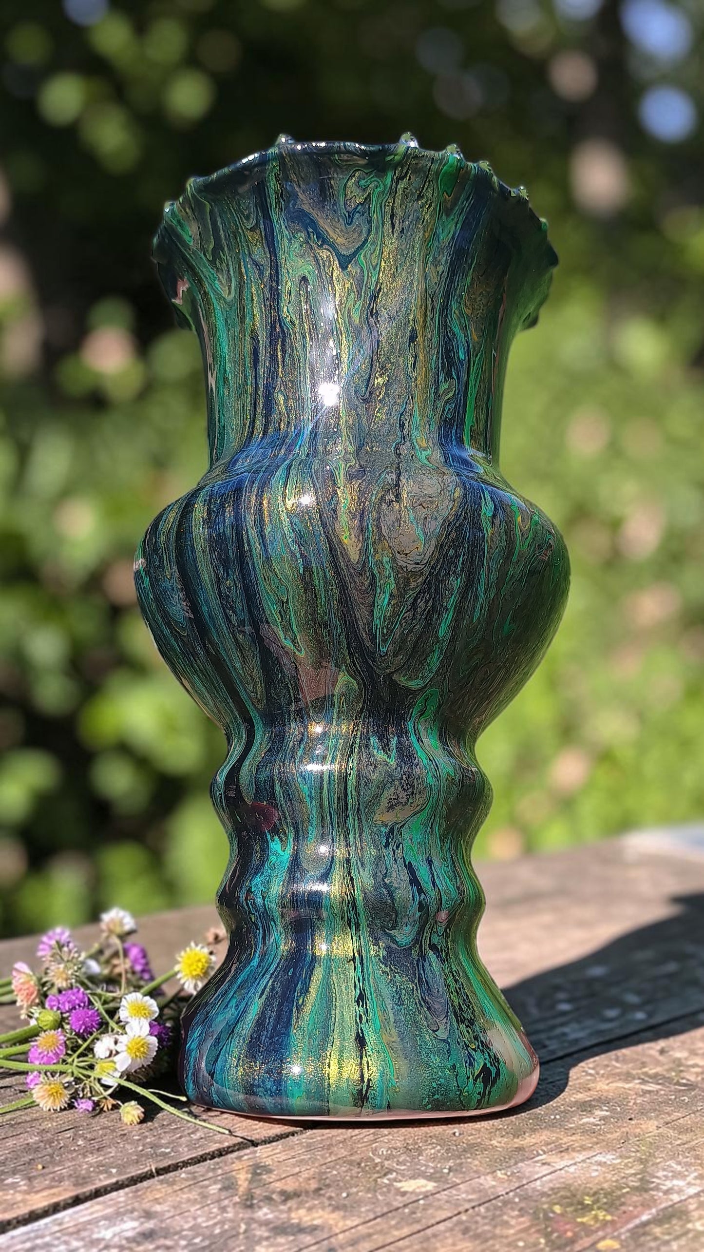 Fluid Art Glass Vase | Teal Green & Gold | Handmade Signed Original | 8" Decorative Vase | Style By Jess
