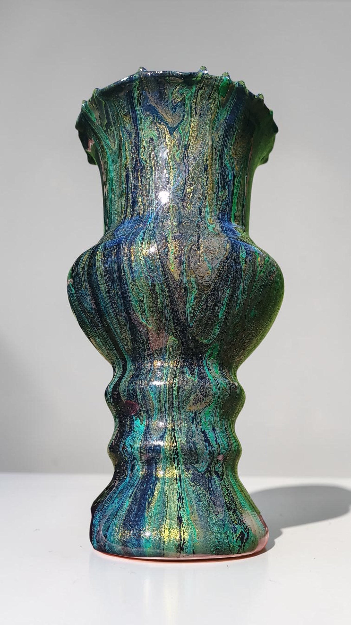 Fluid Art Glass Vase | Teal Green & Gold | Handmade Signed Original | 8" Decorative Vase | Style By Jess