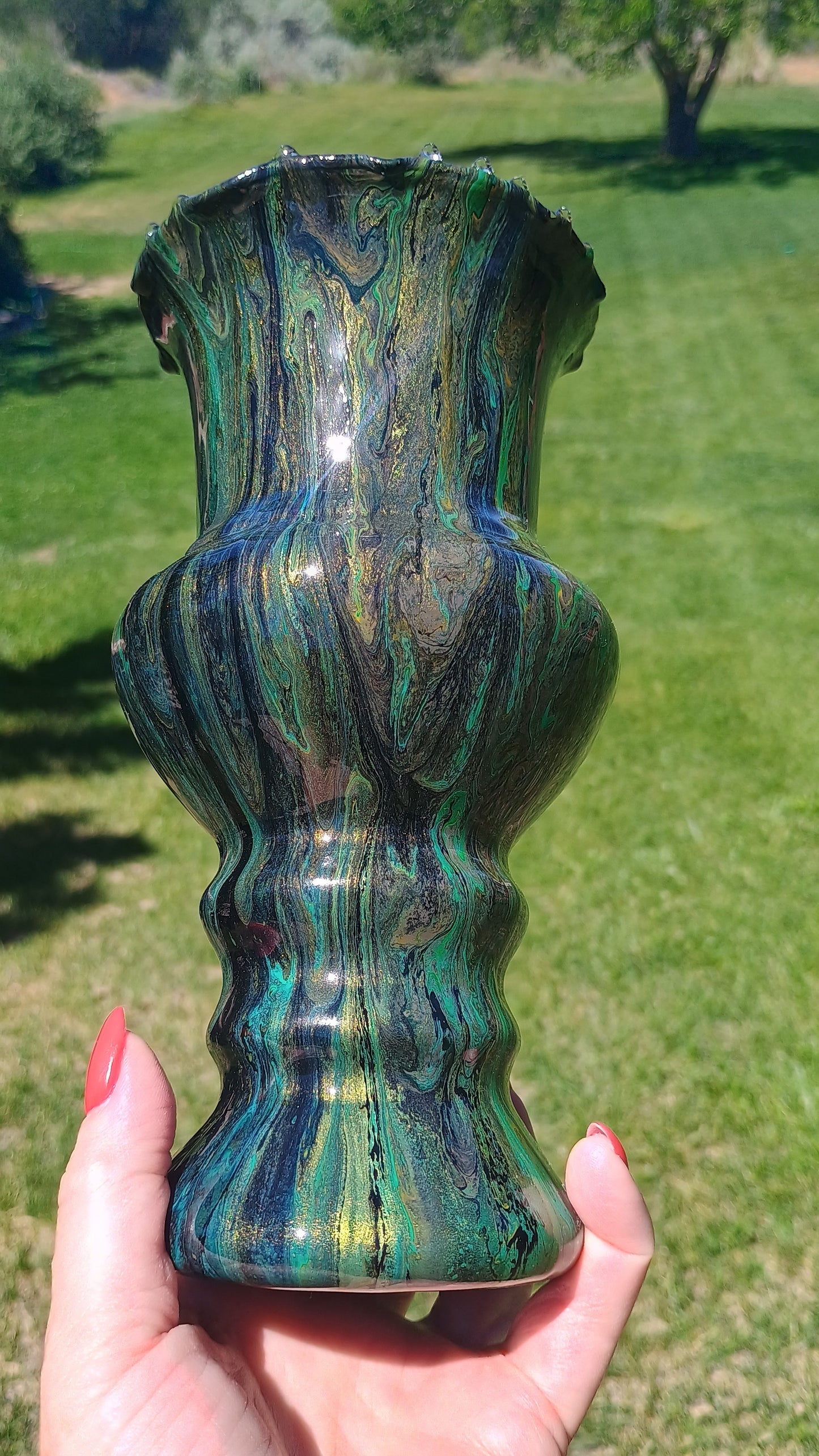 Fluid Art Glass Vase | Teal Green & Gold | Handmade Signed Original | 8" Decorative Vase | Style By Jess