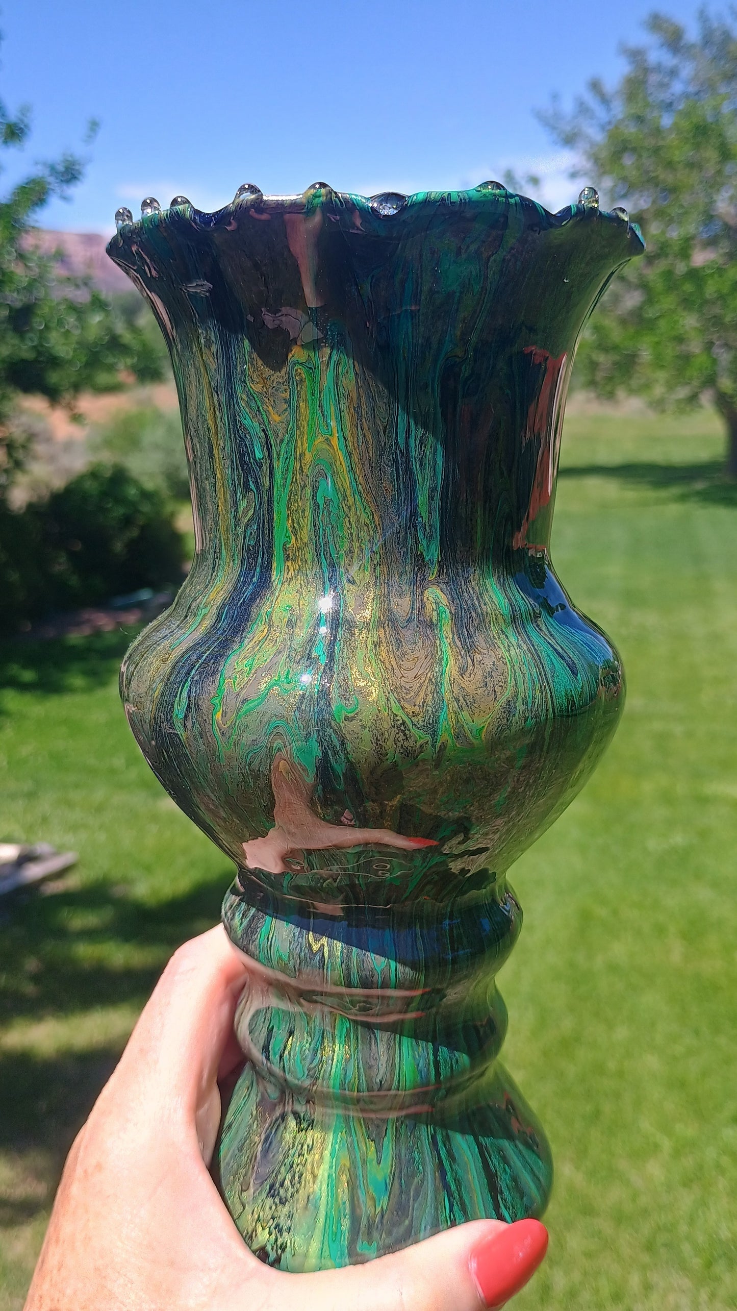 Fluid Art Glass Vase | Teal Green & Gold | Handmade Signed Original | 8" Decorative Vase | Style By Jess