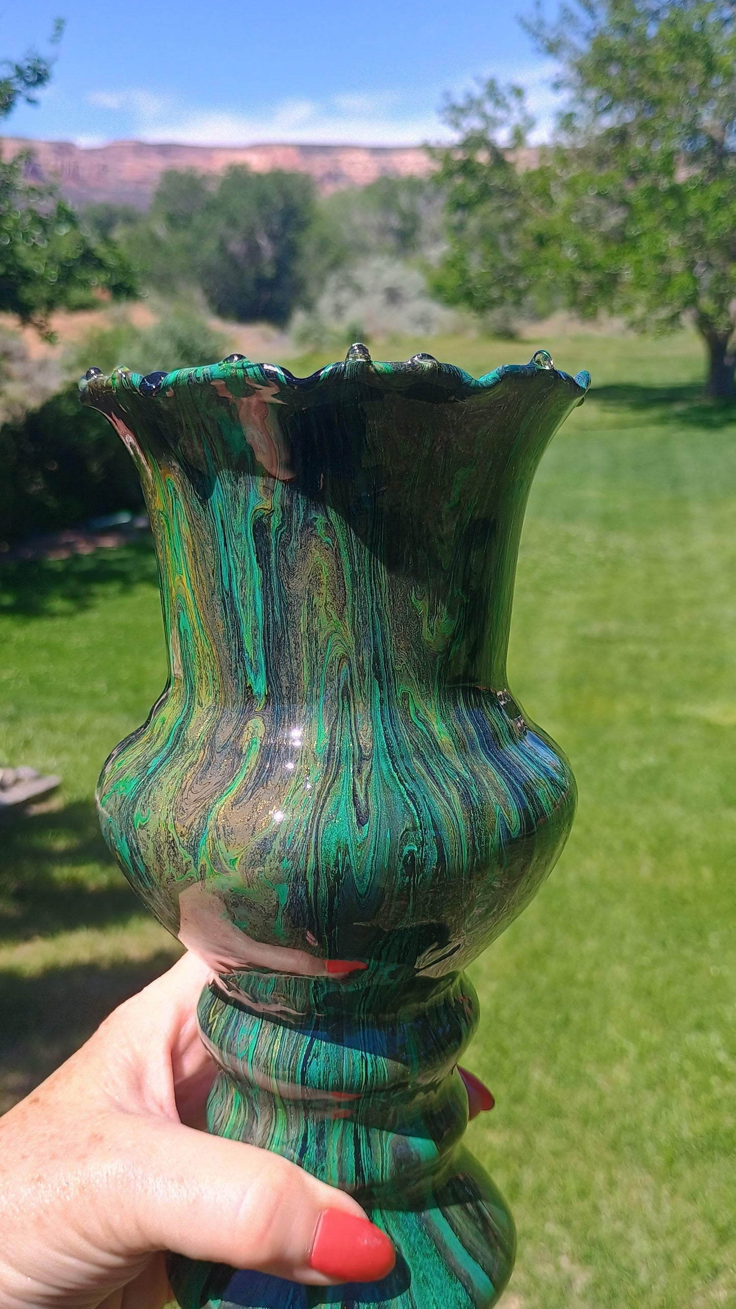 Fluid Art Glass Vase | Teal Green & Gold | Handmade Signed Original | 8" Decorative Vase | Style By Jess