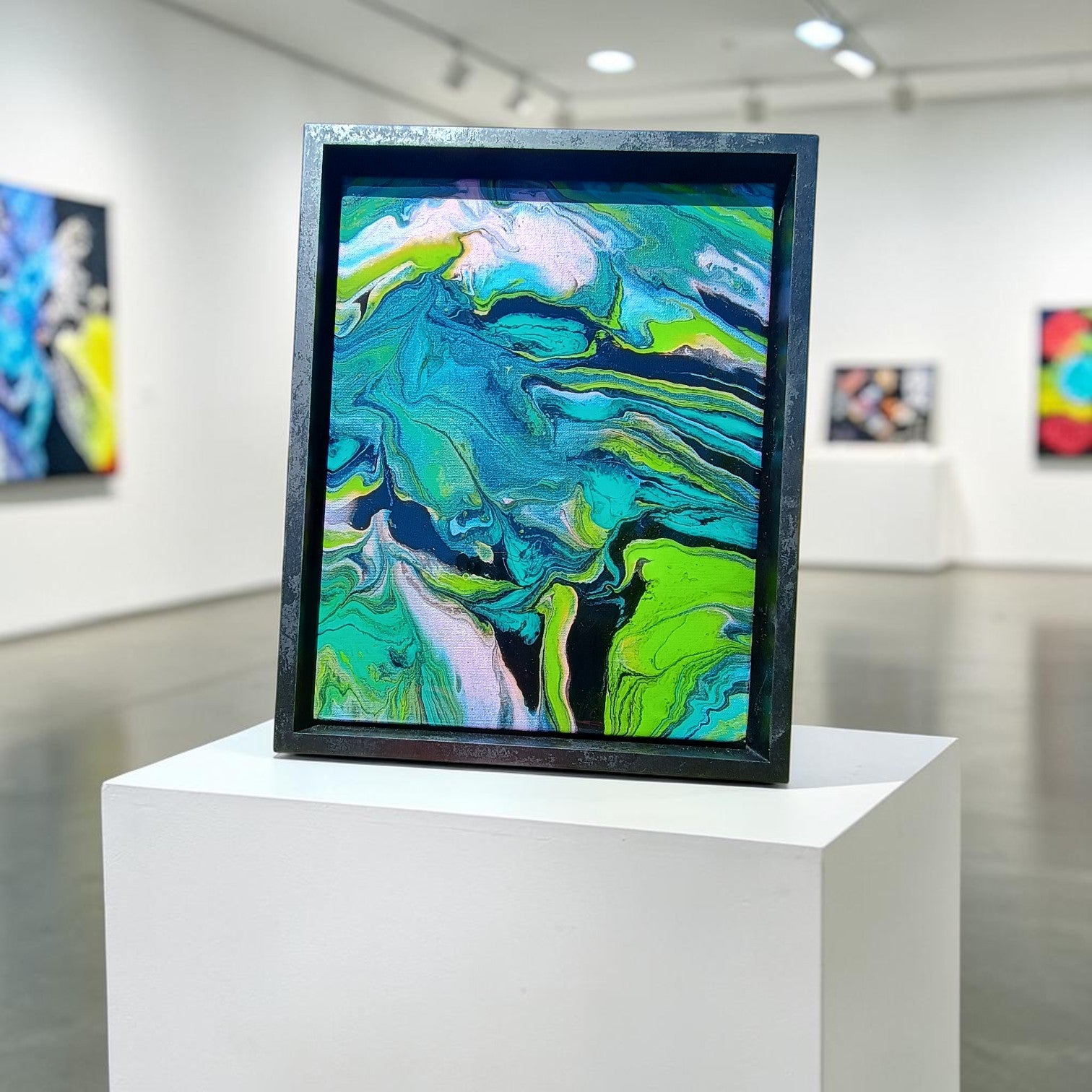 Original teal and green abstract acrylic pour painting with high-gloss resin finish, displayed in a black floating frame — one-of-a-kind handmade fluid art on canvas, 12x15 wall art by Style By Jess