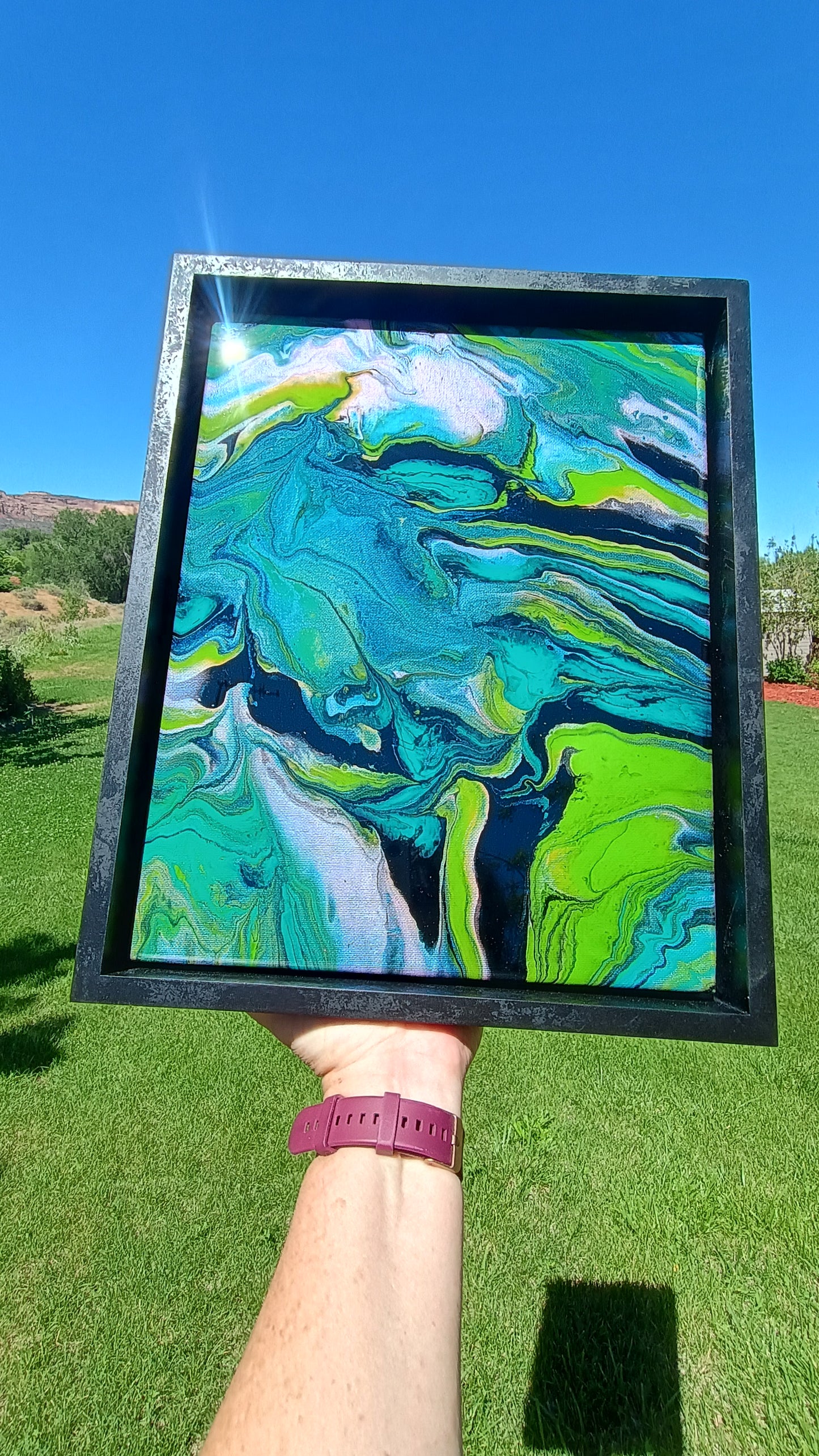 Original Abstract Painting – Acrylic Pour with Resin Finish | Black Float Frame | 12x15 Wall Art