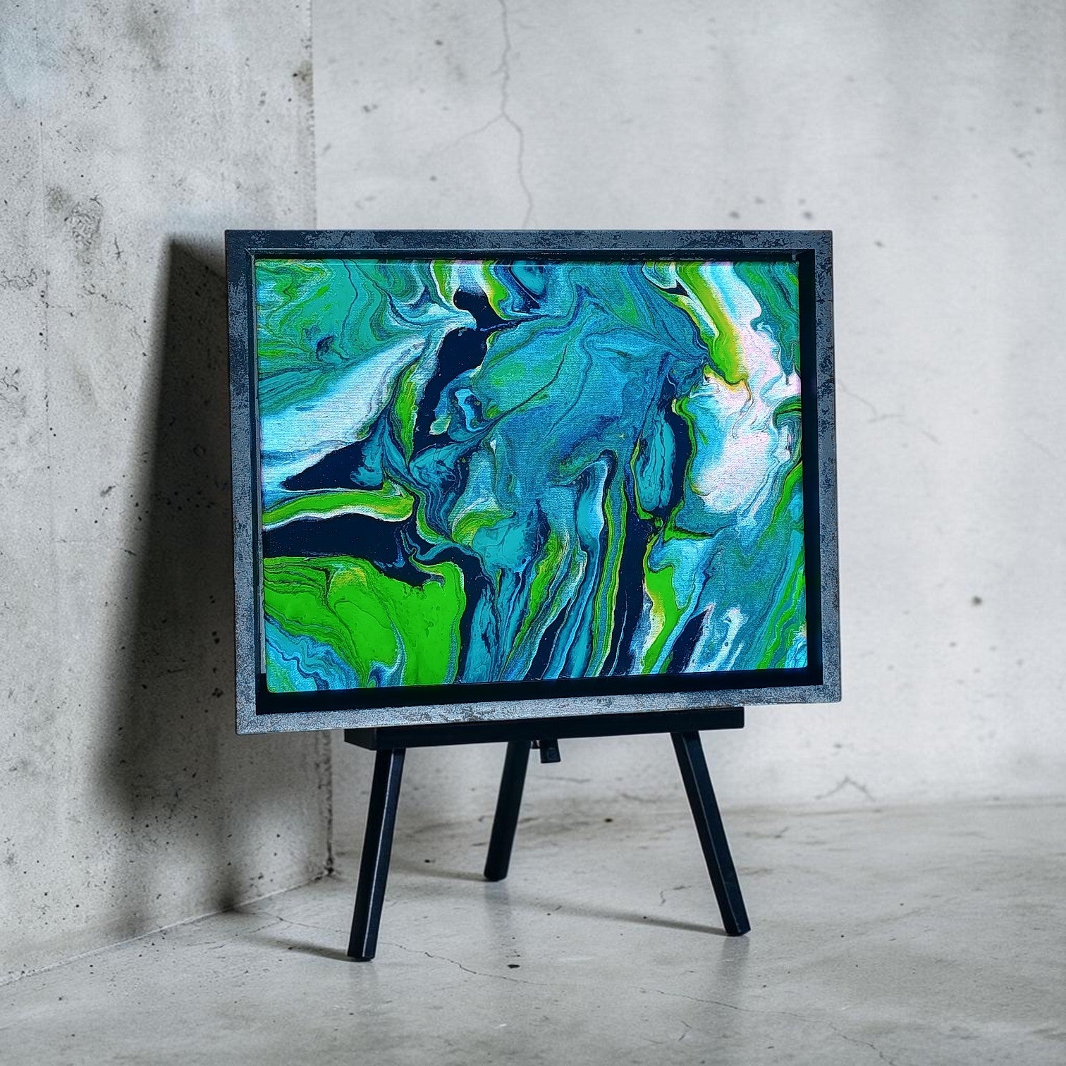 Abstract art piece on a stand against a concrete wall in a art gallery on display for art lovers