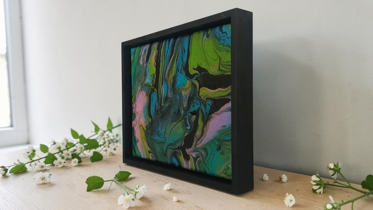 Original Abstract Painting – Acrylic Pour with Resin Finish | Black Float Frame | 12x15 Wall Art