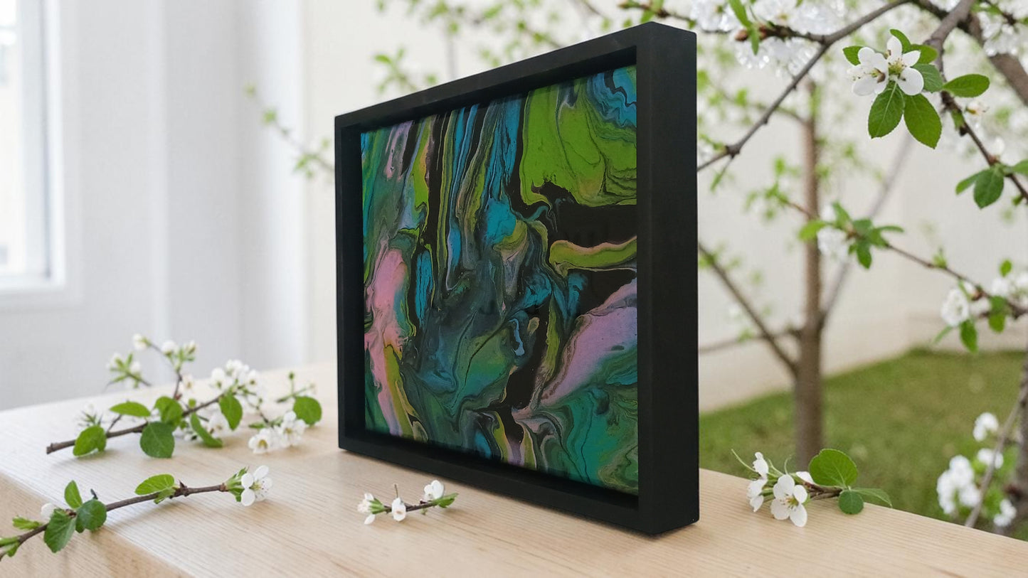 Original Abstract Painting – Acrylic Pour with Resin Finish | Black Float Frame | 12x15 Wall Art
