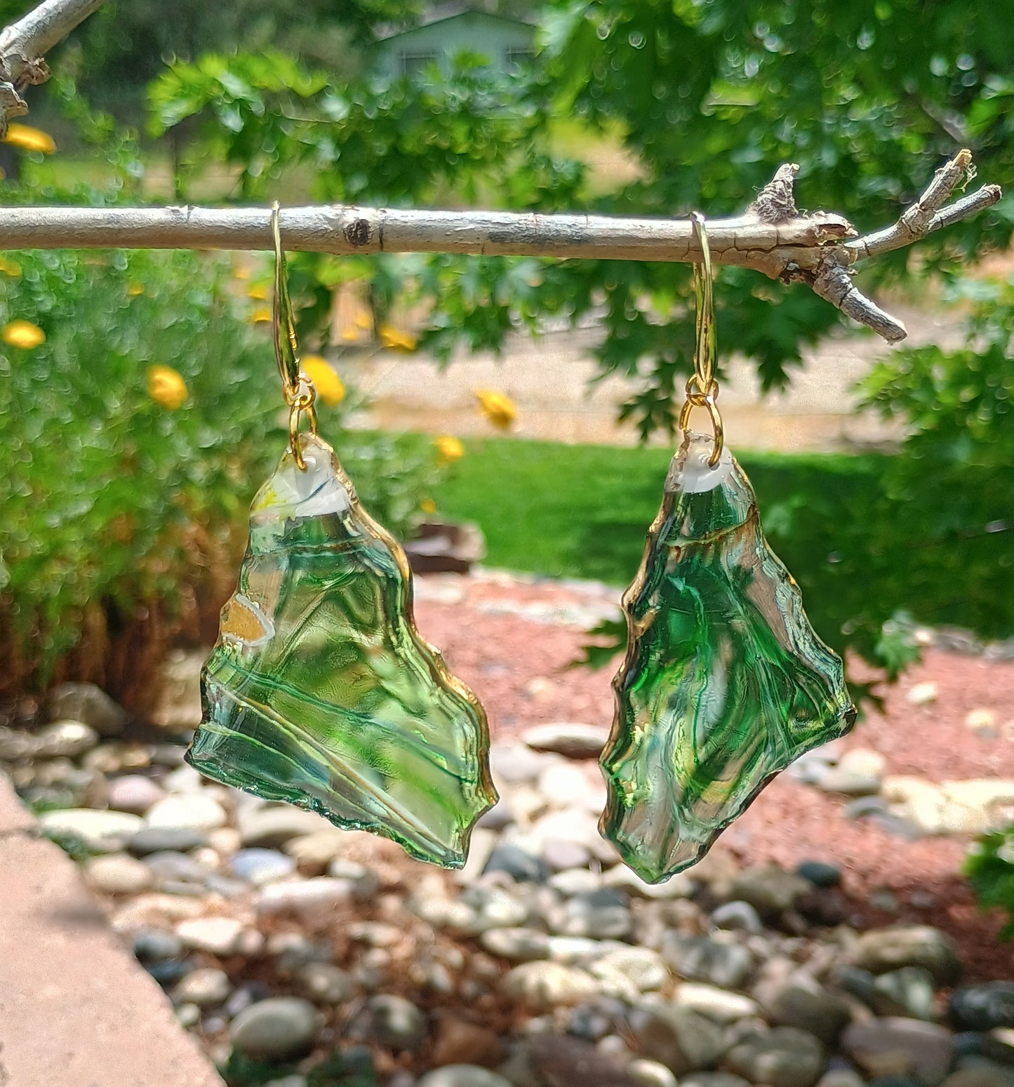 Resin Art Dangle Earrings – Snow Cap Mountain | 18K Gold Plated | Handmade Statement Jewelry