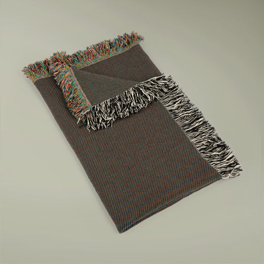 Blanket Folded showing fringe colors and the style of the back of the blanket on a plain background