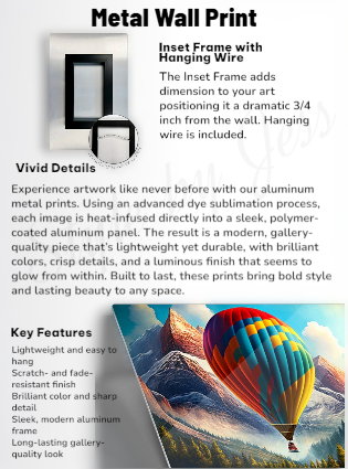 Metal wall print specification sheet  with inset frame and hanging wire, featuring a colorful hot air balloon in a mountainous landscape.