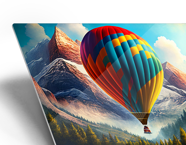 Side angle view of what metal art looks like with a hot air baloon image on it. 