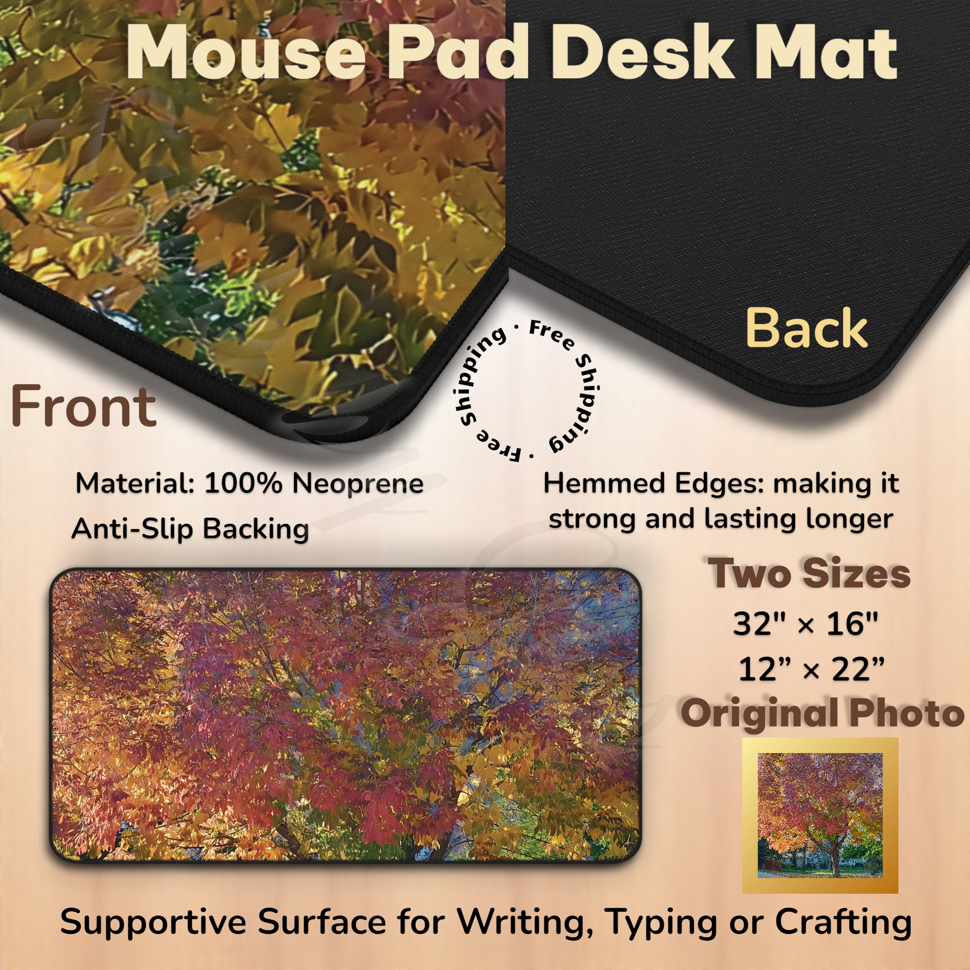 Mouse pad desk mat with colorful front and black back, featuring material and size information a Style By Jess