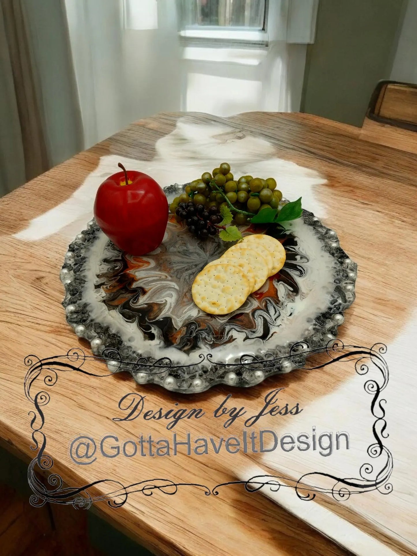 Handcrafted Resin Serving Tray with Pearl Edge - 13" Lazy Susan Centerpiece