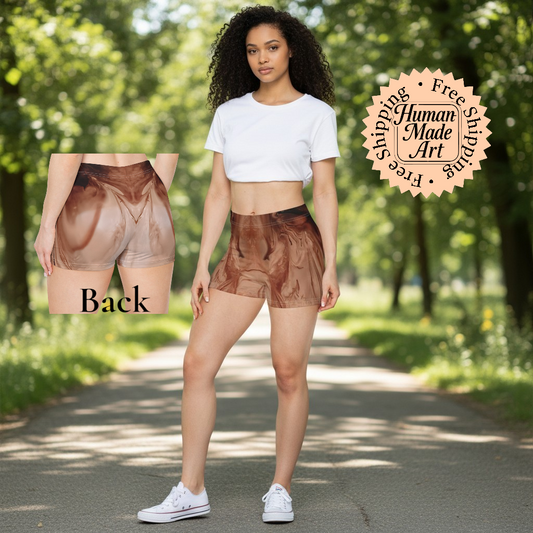 Woman wearing brown booty shorts with a focus on the back view, standing outdoors a Style by Jess at Gotta Have It Design.