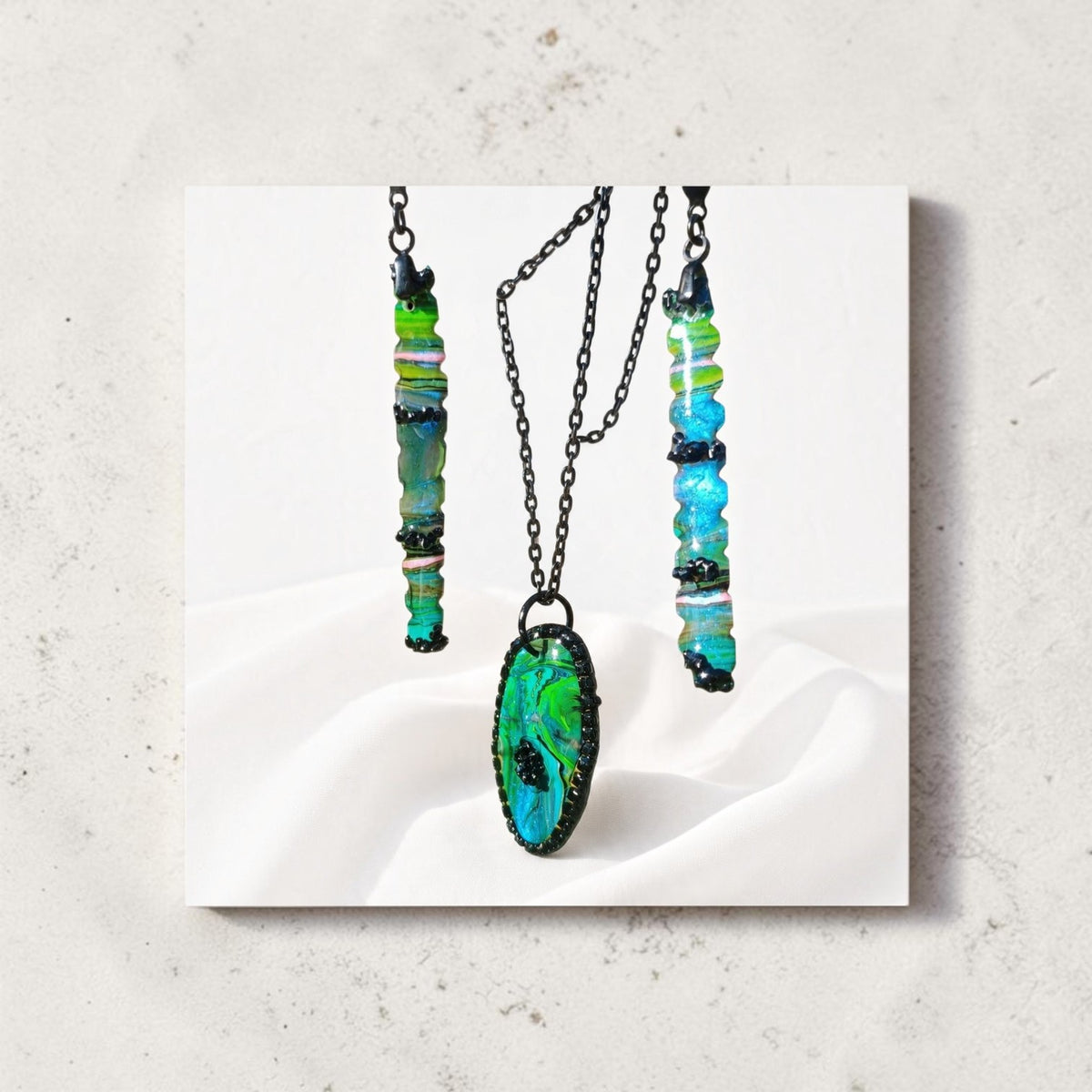 Necklace and Earring Set – Blue & Green Handmade Art Jewelry with Black Crystals