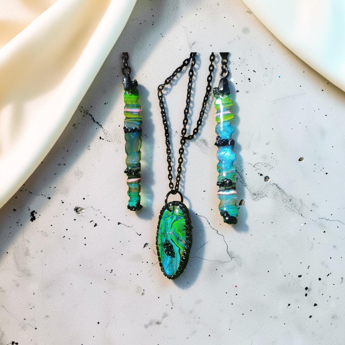Necklace and Earring Set – Blue & Green Handmade Art Jewelry with Black Crystals