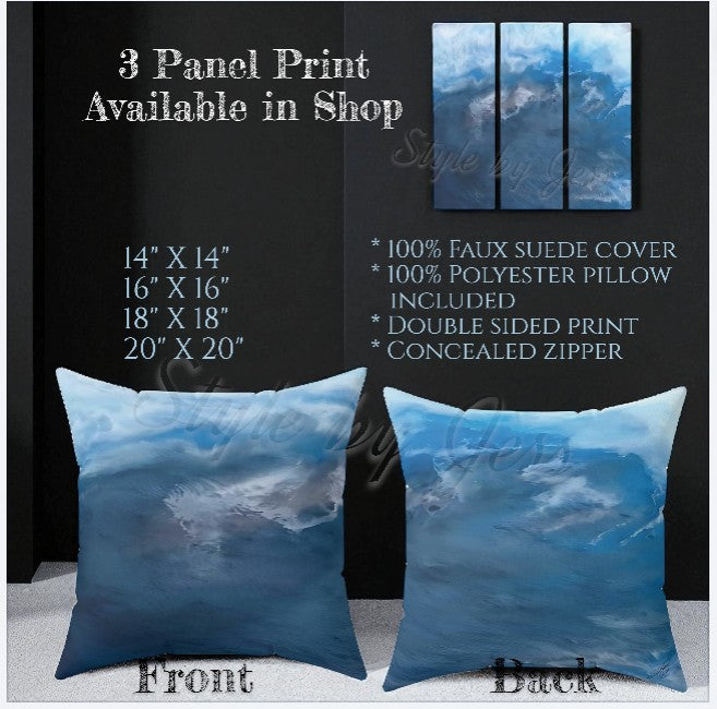 Two pillows with cloud design and product information on a black background.