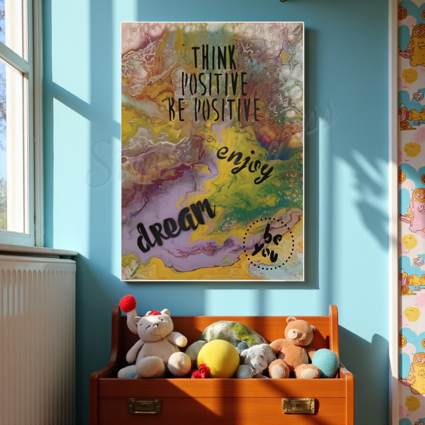 Colorful wall art with motivational quote above a wooden shelf with stuffed animals in a room with blue walls.